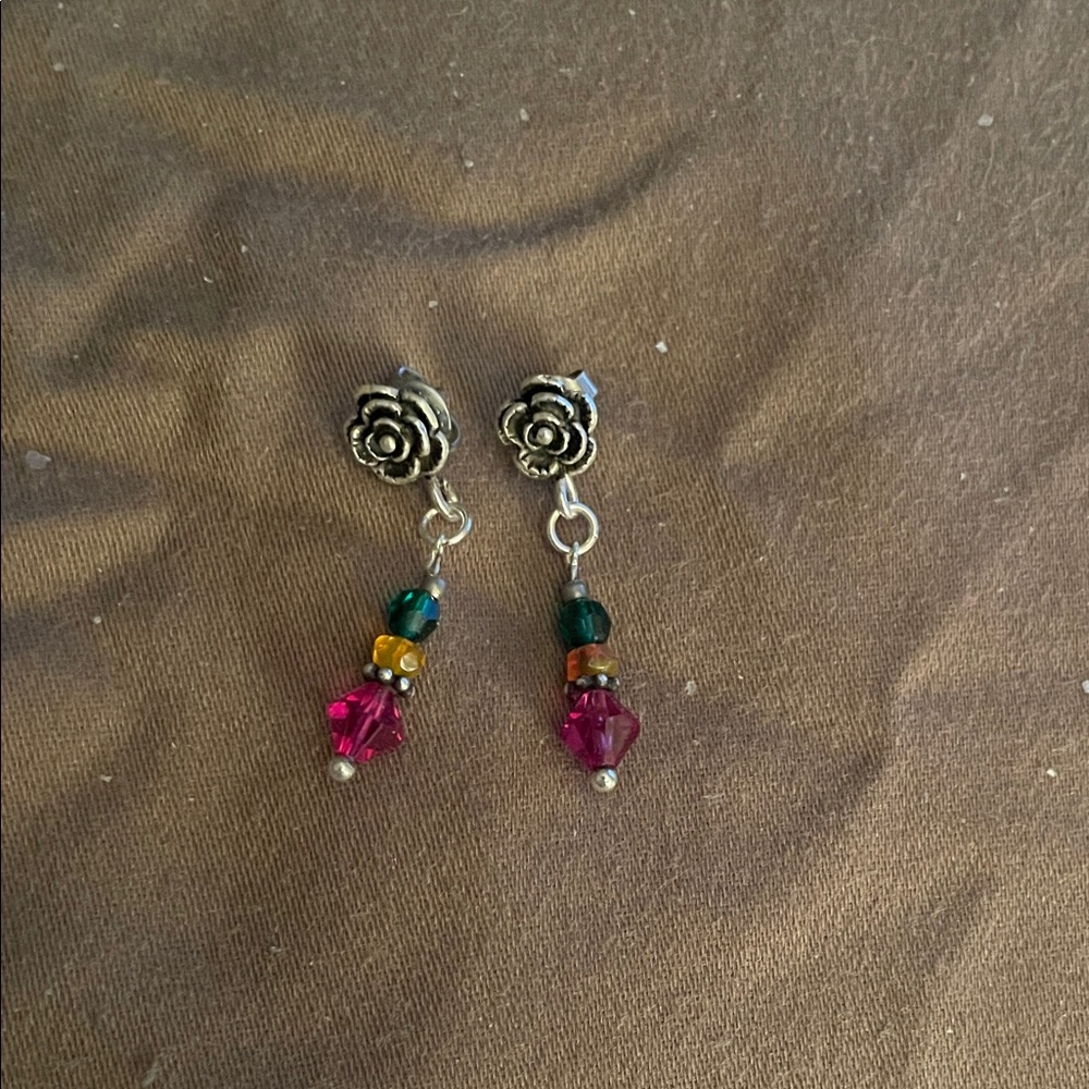 Floral Silver Earrings with Pink and Green Accents